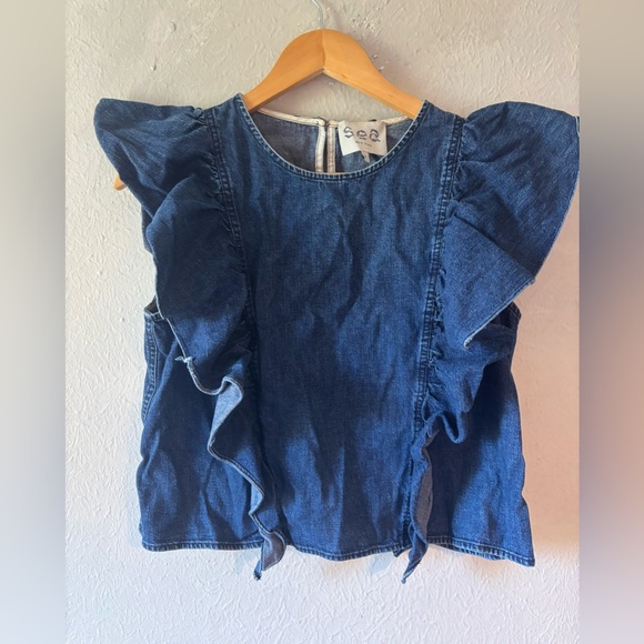 Sea New York Tops - Sea New York Denim Ruffle Sleeve Blouse - Indigo Blue